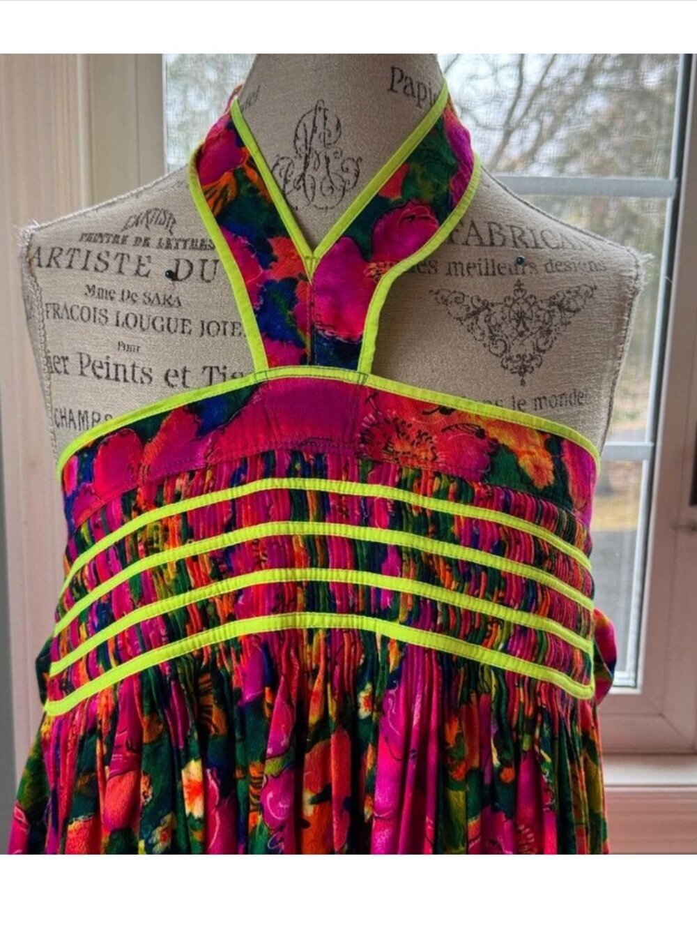 Handmade vintage psychedelic Dayglow floral bark cloth halter dress midi S/M - Picture 3 of 10
